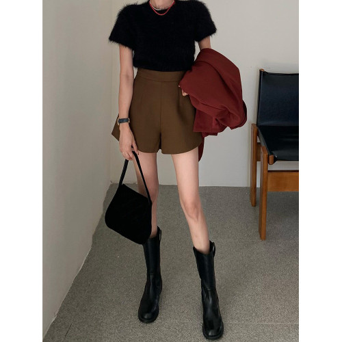 咖色高腰a字短褲女春季2026新款寬鬆ins棕色顯瘦西裝濶腿靴褲外穿