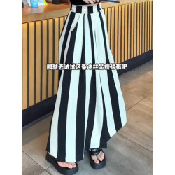 夏季冰絲緞紋大裙擺裙褲大碼微胖高腰氣質休閒顯瘦長款濶腿裙褲女