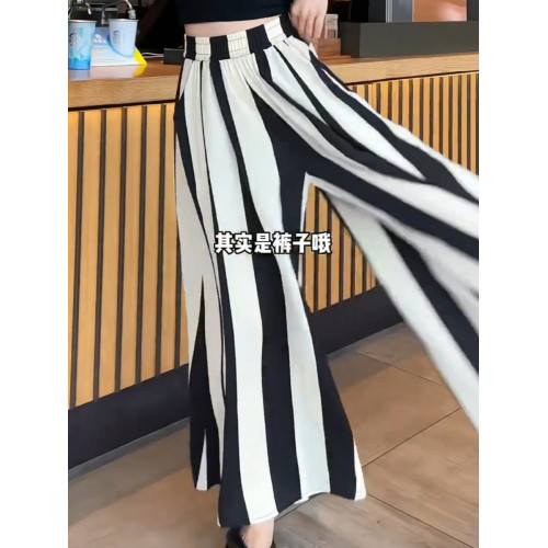 夏季冰絲緞紋大裙擺裙褲大碼微胖高腰氣質休閒顯瘦長款濶腿裙褲女