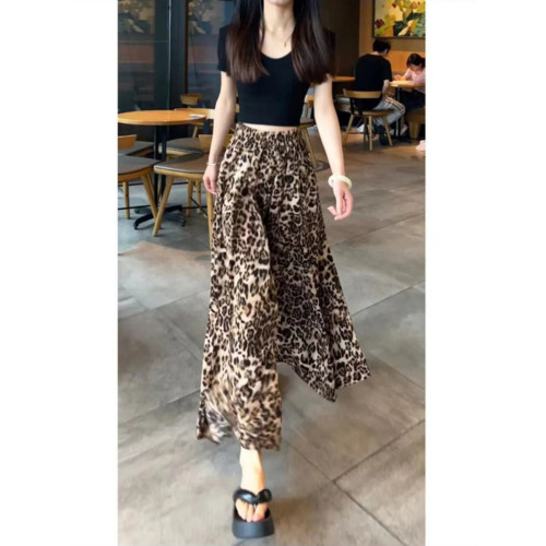 夏季冰絲緞紋大裙擺裙褲大碼微胖高腰氣質休閒顯瘦長款濶腿裙褲女