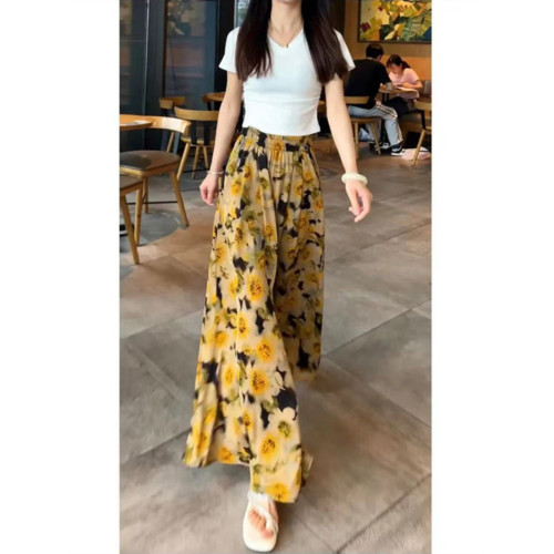 夏季冰絲緞紋大裙擺裙褲大碼微胖高腰氣質休閒顯瘦長款濶腿裙褲女