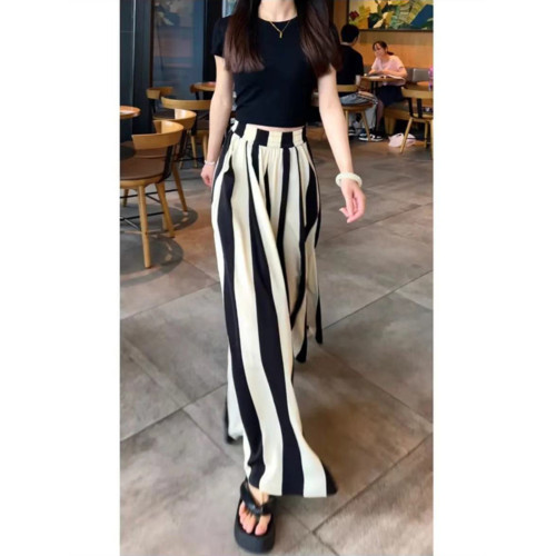 夏季冰絲緞紋大裙擺裙褲大碼微胖高腰氣質休閒顯瘦長款濶腿裙褲女