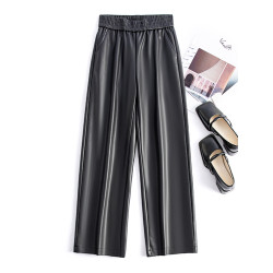 海甯真皮皮褲女2025秋冬新款休閒直筒褲高腰顯瘦寬鬆綿羊皮濶腿褲