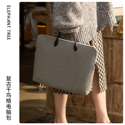 千鳥格手提電腦包女14設計小衆16寸通勤包15高級感筆電平板包matebook適用蘋果華爲聯想電腦