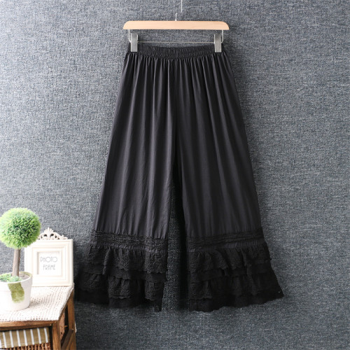 春裝新款女裝文藝小清新松緊腰純色棉麻九分褲蕾絲花邊濶腿褲打底