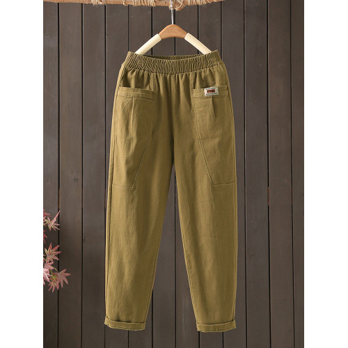 中年媽媽女褲春秋休閒褲新款2025松緊腰彈力斜紋棉寬鬆哈倫褲長褲