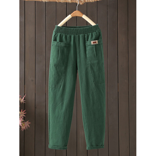 中年媽媽女褲春秋休閒褲新款2025松緊腰彈力斜紋棉寬鬆哈倫褲長褲