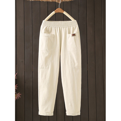 中年媽媽女褲春秋休閒褲新款2025松緊腰彈力斜紋棉寬鬆哈倫褲長褲