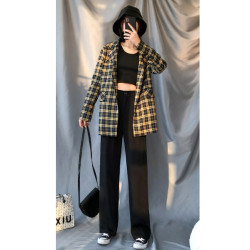 大碼濶腿褲女春秋胖mm寬鬆200斤高腰顯瘦垂感直筒灰色西裝拖地褲