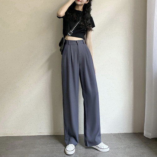 大碼濶腿褲女春秋胖mm寬鬆200斤高腰顯瘦垂感直筒灰色西裝拖地褲