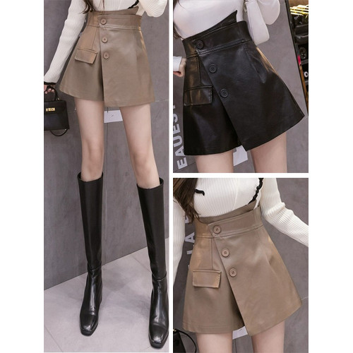 黑色歐貨皮短褲女秋冬季2025新款不規則pu皮濶腿褲裙高腰外穿靴褲