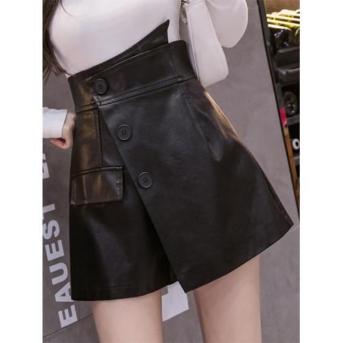 黑色歐貨皮短褲女秋冬季2025新款不規則pu皮濶腿褲裙高腰外穿靴褲