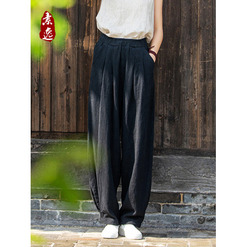 2025秋冬高級棉麻禪意文藝寬鬆顯瘦休閒長褲女亞麻燈籠褲太極褲