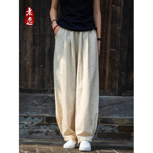 2025秋冬高級棉麻禪意文藝寬鬆顯瘦休閒長褲女亞麻燈籠褲太極褲