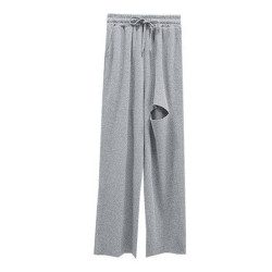 破洞濶腿褲子女夏季新款寬鬆大碼顯瘦休閒松緊運動衛褲200斤胖mm