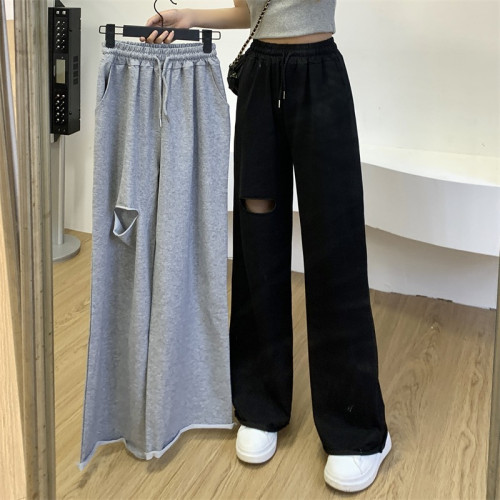 破洞濶腿褲子女夏季新款寬鬆大碼顯瘦休閒松緊運動衛褲200斤胖mm