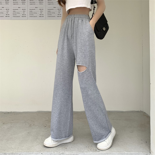 破洞濶腿褲子女夏季新款寬鬆大碼顯瘦休閒松緊運動衛褲200斤胖mm