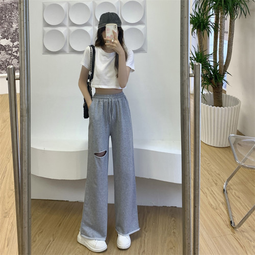 破洞濶腿褲子女夏季新款寬鬆大碼顯瘦休閒松緊運動衛褲200斤胖mm