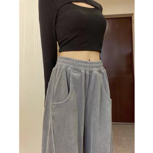 美式復古運動褲女高腰顯瘦窄版濶腿褲秋冬衛褲加絨休閒褲子春秋季