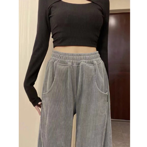 美式復古運動褲女高腰顯瘦窄版濶腿褲秋冬衛褲加絨休閒褲子春秋季