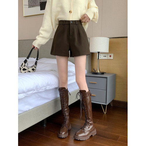 150瘦小個子毛呢短褲女145高腰a字直筒濶腿xs顯高穿搭配靴褲秋冬