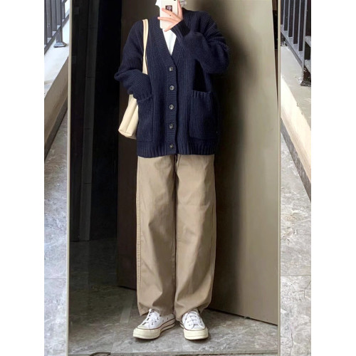 日系垂墜感褲子女春秋復古卡其色工裝褲休閒褲寬鬆濶腿ins高街潮