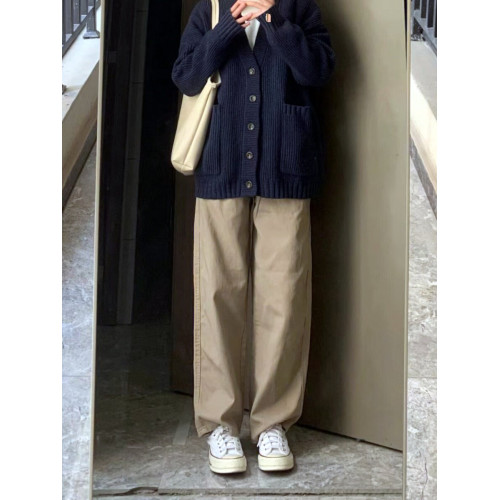 日系垂墜感褲子女春秋復古卡其色工裝褲休閒褲寬鬆濶腿ins高街潮