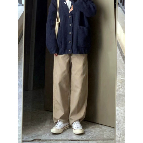 日系垂墜感褲子女春秋復古卡其色工裝褲休閒褲寬鬆濶腿ins高街潮