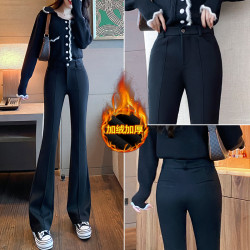 西裝微喇褲女秋冬外穿加絨加厚高腰修身喇叭褲垂感顯瘦毛呢休閒褲