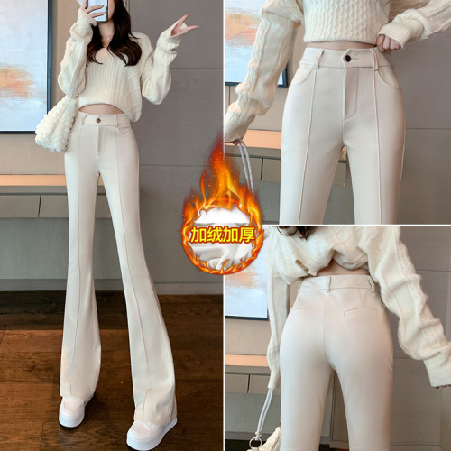 西裝微喇褲女秋冬外穿加絨加厚高腰修身喇叭褲垂感顯瘦毛呢休閒褲