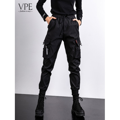 秋冬新款加絨工裝褲女士休閒小個子大碼黑色機車美式女款顯瘦褲子