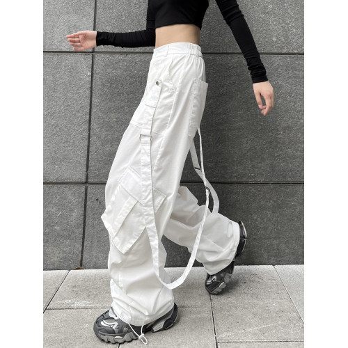 機能風束腳工裝褲女情侶街舞寬鬆白色高街嘻哈飄帶爵士辣妹休閒褲