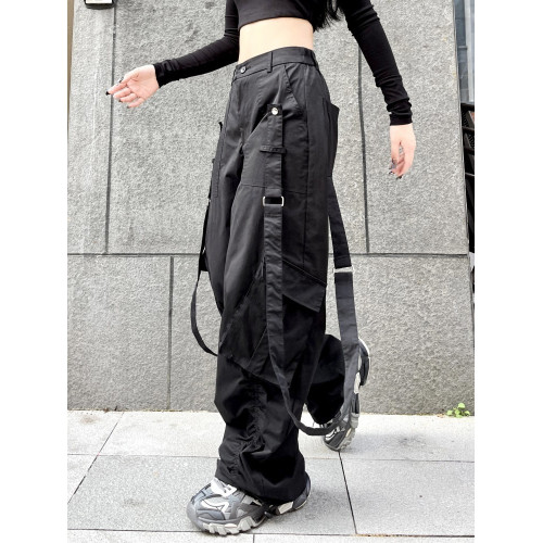 機能風束腳工裝褲女情侶街舞寬鬆白色高街嘻哈飄帶爵士辣妹休閒褲