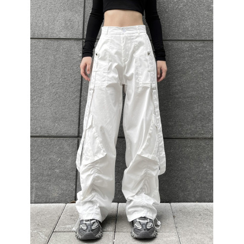 機能風束腳工裝褲女情侶街舞寬鬆白色高街嘻哈飄帶爵士辣妹休閒褲