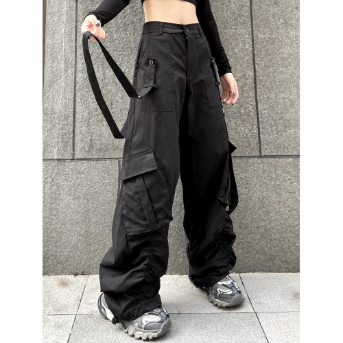 機能風束腳工裝褲女情侶街舞寬鬆白色高街嘻哈飄帶爵士辣妹休閒褲