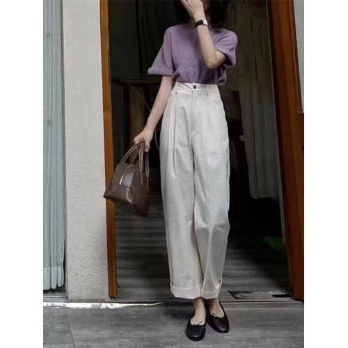 高級感復古高腰窄版濶腿褲女夏季寬鬆顯瘦垂感休閒直筒九分西裝褲