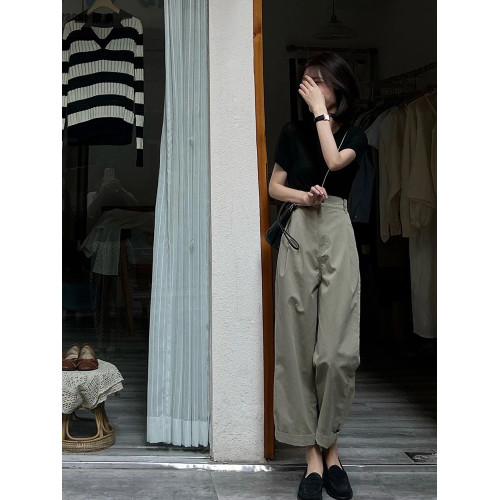 高級感復古高腰窄版濶腿褲女夏季寬鬆顯瘦垂感休閒直筒九分西裝褲