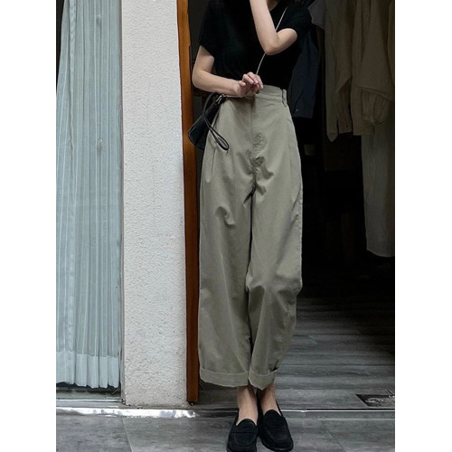 高級感復古高腰窄版濶腿褲女夏季寬鬆顯瘦垂感休閒直筒九分西裝褲