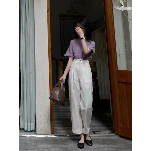 高級感復古高腰窄版濶腿褲女夏季寬鬆顯瘦垂感休閒直筒九分西裝褲