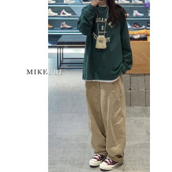 卡其色工裝休閒褲女直筒秋冬加絨加厚大碼胖mm寬鬆顯瘦濶腿老爹褲