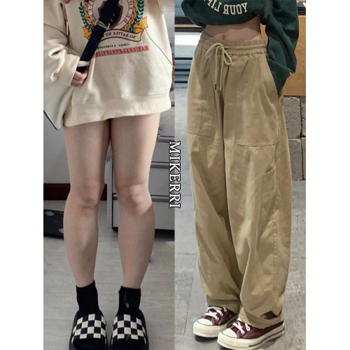 卡其色工裝休閒褲女直筒秋冬加絨加厚大碼胖mm寬鬆顯瘦濶腿老爹褲