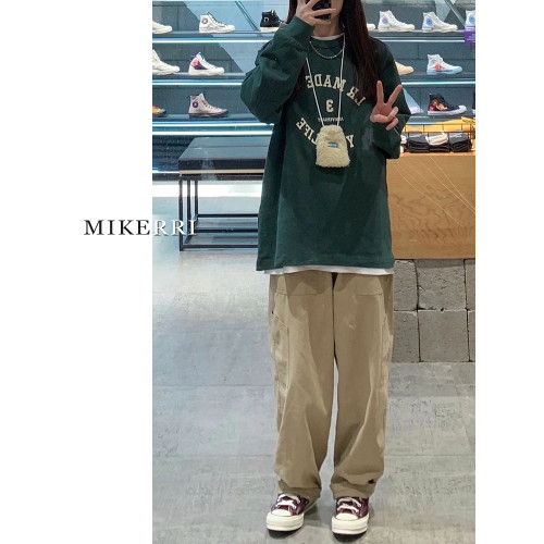 卡其色工裝休閒褲女直筒秋冬加絨加厚大碼胖mm寬鬆顯瘦濶腿老爹褲