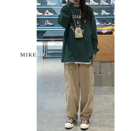 卡其色工裝休閒褲女直筒秋冬加絨加厚大碼胖mm寬鬆顯瘦濶腿老爹褲