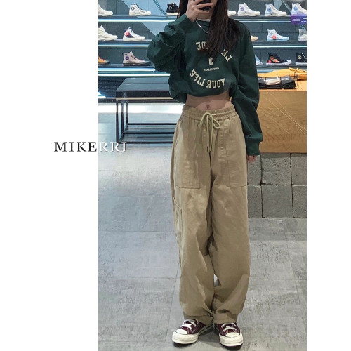 卡其色工裝休閒褲女直筒秋冬加絨加厚大碼胖mm寬鬆顯瘦濶腿老爹褲