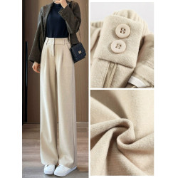 毛呢濶腿褲女春秋冬季2023爆款高腰垂感顯瘦加絨休閒拖地直筒褲子