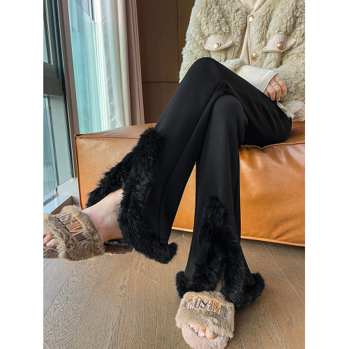 開叉微喇西裝褲女秋冬2025新款黑色兔毛加絨休閒窄版濶腿喇叭褲子
