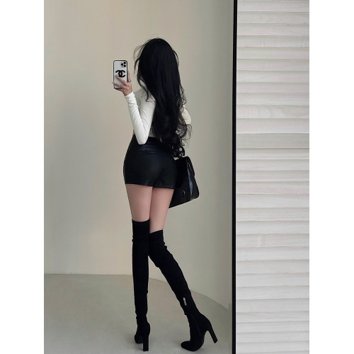 YoungGirlDay辣妹性感高腰緊身顯瘦外穿靴褲彈力包臀pu皮短褲熱褲