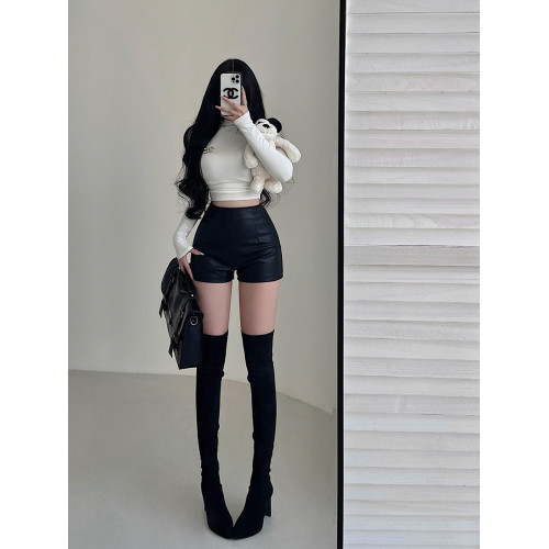 YoungGirlDay辣妹性感高腰緊身顯瘦外穿靴褲彈力包臀pu皮短褲熱褲
