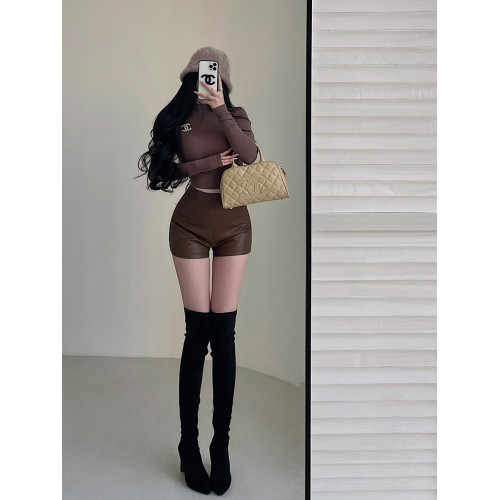 YoungGirlDay辣妹性感高腰緊身顯瘦外穿靴褲彈力包臀pu皮短褲熱褲