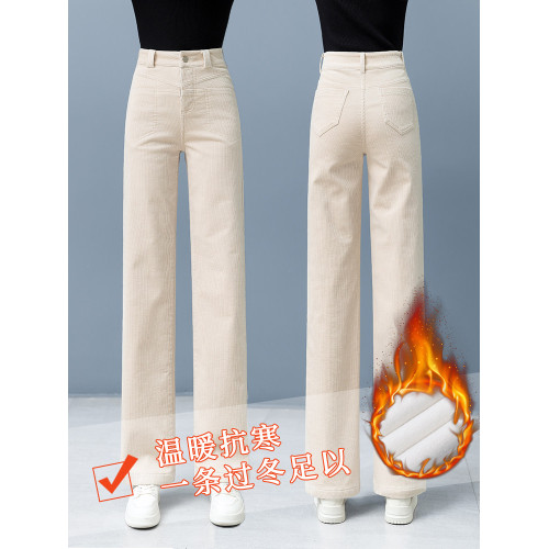 加絨燈芯絨褲子女新款窄版直筒長褲冬季休閒褲復古衛褲垂感濶腿褲